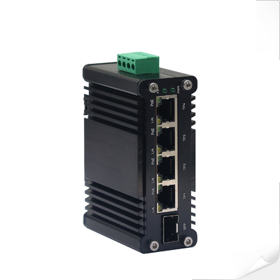 미니 산업용 4포트 10/100/1000T 802.3at PoE + 1포트 100/1000X SFP 이더넷 스위치, 12~48VDC 입력 및 전압 부스터 포함